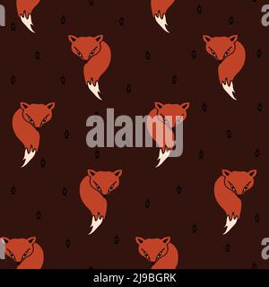 Nahtloses Vektor-Muster mit Fuchs auf dunkelviolettem Hintergrund. Tiertapete im Design. Einfache Foxy Mode Textil. Stock Vektor