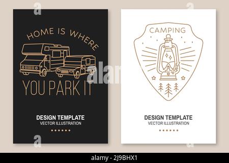 Zuhause ist, wo Sie es parken. Sommerlager. Vektorgrafik. Set of Line Art Flyer, Broschüre, Banner, Poster mit Wohnmobil, Camping-Anhänger, Camp Stock Vektor