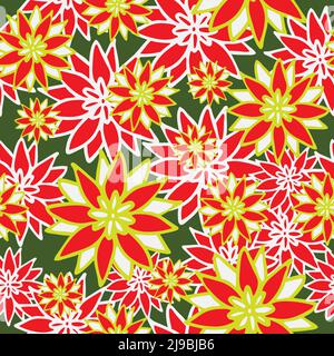 Nahtloses Vektor-Muster mit Weihnachtsblumen auf grünem Hintergrund. Schlichtes Blumen-Tapete-Design im Winter. Weihnachten Saison Mode Textil. Stock Vektor