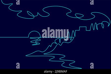 Ein einziges, durchgehendes, einzeiliges Art-Zimmer mit sonnigem Meerblick Meeresreise Sonnenaufgang Urlaub tropischer Luxus Reise Sonnenuntergang Konzept Entwurf Skizze skizzieren Zeichnung Stock Vektor