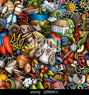 Cartoon kritzelt Ukraine nahtlose Muster. Hintergrund mit lokalen ukrainischen Kultursymbolen und -Gegenständen. Farbenfroher Hintergrund für Druck auf Stoff, Textil, g Stock Vektor