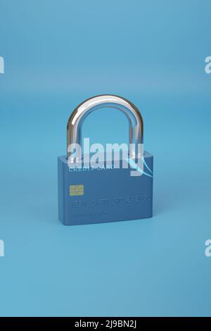 Kreditkarte in Form eines geschlossenen Vorhängeschlosses. Sicherheitskonzept. 3D Abbildung. Stockfoto