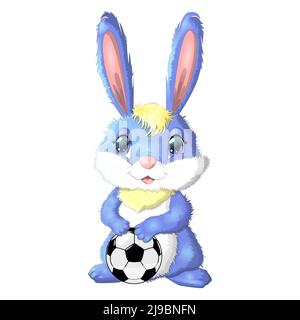 Cartoon-Kaninchen, Hase mit einem Fußball. Niedliche kindliche Charakter, Symbol des neuen chinesischen Jahres 2023. Stock Vektor