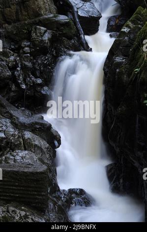 Kaskade auf der Afon Sychryd an der Seite von Craig y Ddinas. Gesamtfall von etwa 25 Fuß. Stockfoto