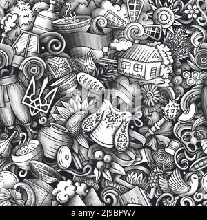 Cartoon kritzelt Ukraine nahtlose Muster. Hintergrund mit lokalen ukrainischen Kultursymbolen und -Gegenständen. Monochromer Hintergrund für den Druck auf Stoff, Textil, Stock Vektor