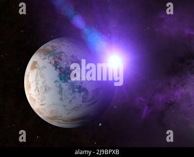 Erforschung neuer Welten, Raum und Universum, neuer Galaxien. Planeten im Hintergrund. Exoplaneten. Solarsysteme. 3D Rendern Stockfoto