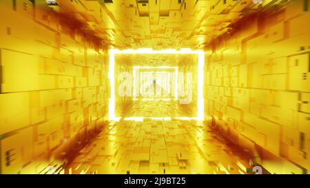 Langer goldener Korridor Intro Tunnel große Halle offene Tür 3D Render Stockfoto