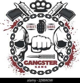 Isolated round composition with blood stains skulls weapons and editable text in a round chain flat vector illustration Stock Vektor