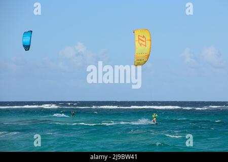 BOCA GRANDI, ARUBA - 17. DEZEMBER 2020: Kitesurfer am Boca Grandi Strand an der südöstlichen Küste der karibischen Insel Aruba Stockfoto