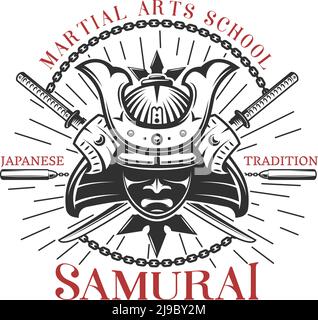Dekorativer Druck von traditionellen japanischen Kampfkünsten Symbole mit runden Komposition von Maske Schwerter und Nonchucks Vektor-Illustration Stock Vektor