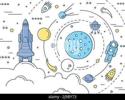 Raumlinie Kunst-Design mit Galaxie und Astronaut Start von Shuttle-Satelliten und Raketen Vektor-Illustration Stock Vektor