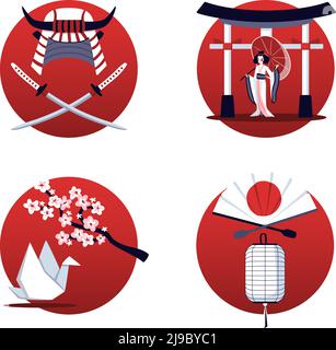 Japan 2x2 Design-Konzept-Set aus isolierten roten runden Kompositionen Mit nationalen Symbolen Vektordarstellung Stock Vektor