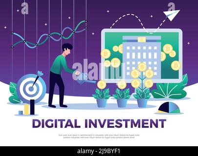 Digitale Anlagekomposition mit Text und konzeptuellen Bildern des Menschen Bewässerung von Geldpflanzen mit Computer-Bildschirm Vektor-Illustration Stock Vektor