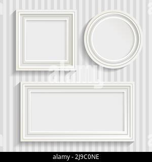 Set aus drei minimalistischen weißen Rahmen in verschiedenen Formen mit Schatten auf gestreiften grauen Wand Hintergrund Vektor-Illustration Stock Vektor