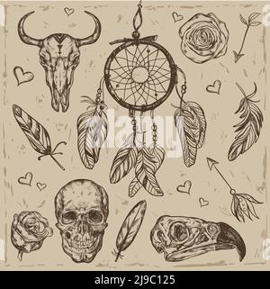 Totenkopf Boho Tattoo Set mit Dreamcatcher in der Mitte und Kleine Hand gezeichnete Herzen um Vektor-Illustration Stock Vektor