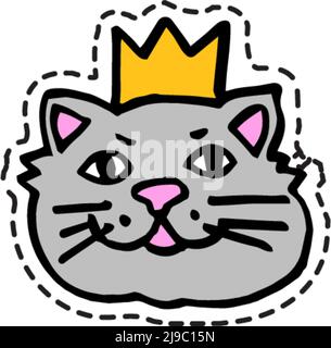 Katze trägt Krone, lustige Kätzchen Aufkleber oder Symbol Stock Vektor