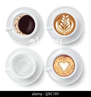 Set mit Draufsicht auf vier ähnliche weiße isolierte Tassen Kaffee mit verschiedenen Latte Art Barista Symbolen auf den Tellern Mit Vektordarstellung „Schatten“ Stock Vektor