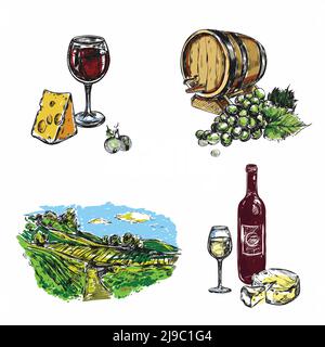 Farbige isoliert gezeichnete Wein Weinberg Symbol mit Glas gesetzt Wein und Käse Weinberg Landschaft Vektorgrafik Stock Vektor