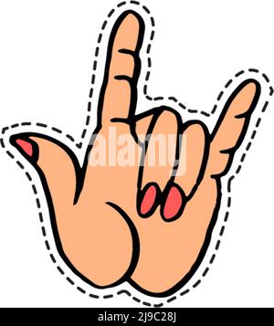Rock n Roll Aufkleber oder Symbol, Horn Gestenvektor Stock Vektor