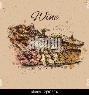 Hand gezeichnete Weinberg Landschaft Zusammensetzung Feld mit wachsenden Trauben auf Beige Hintergrund und Überschrift Wein Vektor Illustration Stock Vektor