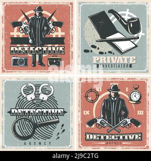 Vier Detective Agency Square Kompositionen im Stil der alten Schule Mit männlichem Charakter mit Untersuchungssymbolen Vektordarstellung Stock Vektor