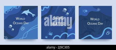 Poster „World Oceans Day“ mit blauem Hintergrund, flüssigen Formen und Meereselementen. Layouts zum Drucken, Flyer, Deckblätter, Bannerdesign. Eco-Konzept Stock Vektor