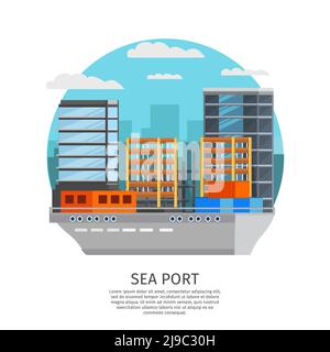Rundes Design des Seehafens mit Kahn und Lagereinrichtungen Stadtgebäude Hintergrund orthogonale Vektor-Illustration Stock Vektor
