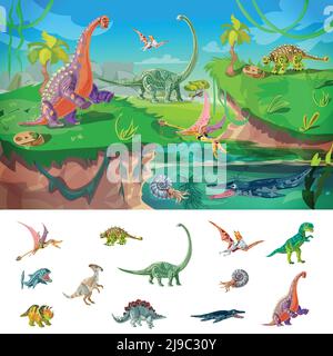 Tiere jurassic Konzept mit Wildlife Design und Set von Vögeln Dinosaurier und Unterwasser Bestien isoliert Vektor-Illustration Stock Vektor