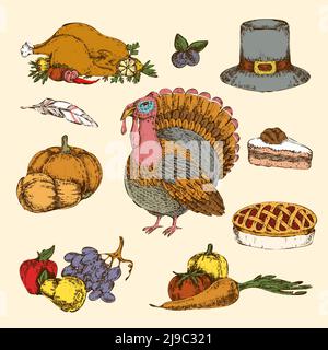 Thanksgiving Tag handgezeichnetes farbiges Set mit putenfrüchten Beeren Und Gemüse Kuchen Hut isoliert Vektor Illustration Stock Vektor