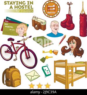 Hostel Elemente mit Betten Schlüssel und Visitenkarten Tourist Und Sportgeräte Personal isoliert Vektor Illustration Stock Vektor