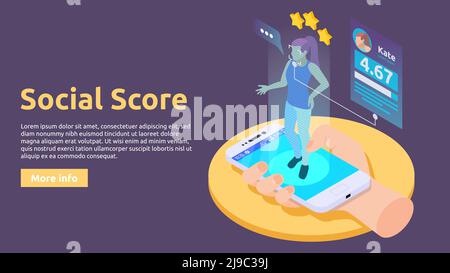 Isometrisches Banner des Sozialkreditsystems mit der Zusammensetzung des weiblichen Charakters Vektorgrafik für Smartphone-Bildschirm und persönliche Bewertungsdaten Stock Vektor