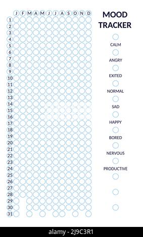 Jahr in Pixel, Mood Tracker in Kreisen Vorlage. Habit Tagebuch leer für Bullet Journal. Vertikale Ausrichtung des Monatsplaners. Stock Vektor