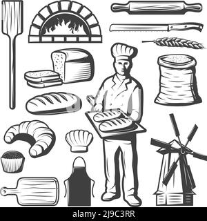 Set von isolierten monochromen Bäckereielementen im Vintage-Stil gezeichnet Mit Backwaren und Mühle Symbole Vektor-Illustration Stock Vektor