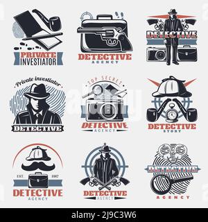 Neun isolierte Vintage Detective Labels in Farbe mit Linsen-Armbändern Spionageausrüstung und Fingerabdruck-Untersuchung Symbole Vektor-Illustration Stock Vektor