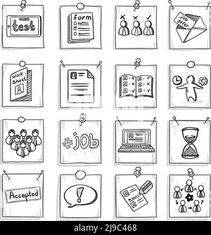 Doodle Business Karriere Entwicklung Elemente mit Personalmanagement gesetzt Rekrutierungssymbole auf Notizpapieren isolierte Vektordarstellung Stock Vektor