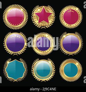 Neun vereinzelte realistische Auszeichnungen mit goldener Medaillenform und leer Schlanker Kern aus verschiedenen Farbe Vektor Illustration Stock Vektor
