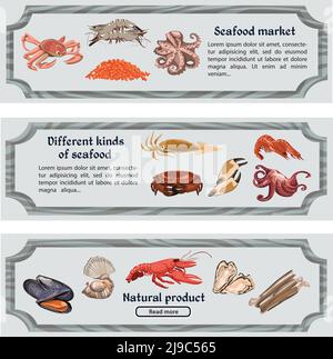 Bunte handgezeichnete Meeresfrüchte horizontale Banner mit Text Meerestiere Und Kreaturen Vektor Illustration Stock Vektor
