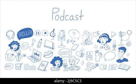 Podcast Doodle Cartoon-Icons gesetzt. Vektorsammlung mit Podcast- oder Broadcast-Illustrationen. Vorlage Hintergrundbanner für Podcasting im Skizzenstil. Stock Vektor
