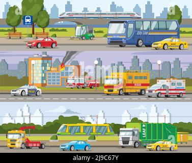 Moderne Stadtverkehr horizontale Banner mit kommunalen und öffentlichen Verkehrsmitteln Und Fahrzeuge Vektordarstellung Stock Vektor