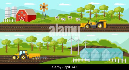 Bunte Landwirtschaft horizontale Banner mit Bauernhof Scheune Windmühle Traktoren Ernte Gewächshaus und Kühe Vektorgrafik Stock Vektor