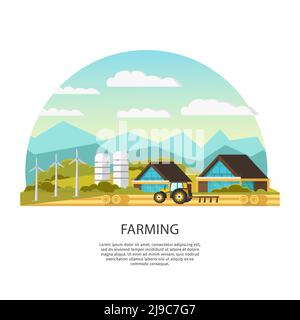 Moderne landwirtschaftliche Vorlage mit Häusern Feldtraktor Kornkammer Heuwindmühlen Und schöne Landschaft Vektor Illustration Stock Vektor