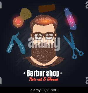 Friseurladen Design mit Arbeitswerkzeugen und Gesicht von Hipster Auf schwarzem Hintergrund handgezeichnete Vektorgrafik Stock Vektor