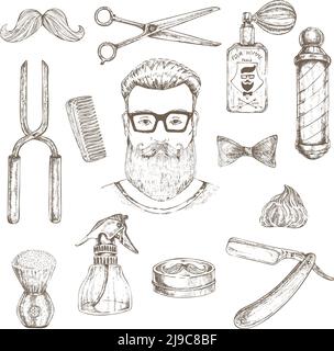 Barber Elements handgezeichnetes Set mit Gesicht von Hipster-Objekten Für Haarschnitt und Rasur isolierte Vektor-Illustration Stock Vektor