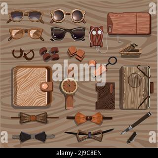 Hipster Wooden Accessoires Kollektion mit Brillenetui für Geräte Manschettenknöpfe Flash-Laufwerk Uhr Stift Bogen Krawatten Kopfhörer isoliert Vektor Illustration Stock Vektor