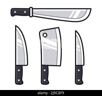 Zeichentrickmesser Icon Set. Küchenmesser, Fleischspalter, Machete. Vektorgrafik Clip Art Illustration Set. Stock Vektor