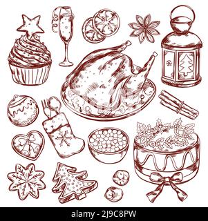 Isolierte Skizze Food-Elemente mit handgezeichneten Stil Bilder gesetzt Von Silvester Feiertag Fest Vektor-Illustration Stock Vektor