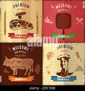 Steak House Emblem Design mit Vorbereitung Fleisch Grill Stier Koch Und Sunbursts Vektorgrafik Stock Vektor