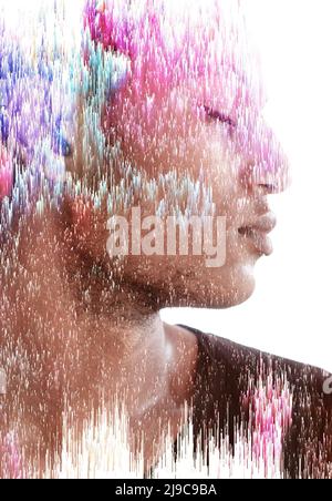 Pixelsort-Effekt kombiniert mit einem Porträt eines Mannes Stockfoto