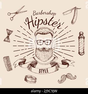 Barbershop Hipster Stil Design mit männlichen Gesicht Arbeitswerkzeuge Band Und Strahlen handgezeichnete monochrome Vektor-Illustration Stock Vektor