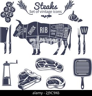 Steaks Symbole mit Metzgerei Schema der Kuh Kochwerkzeuge gesetzt Und Gemüse Vintage-Stil isoliert Vektor-Illustration Stock Vektor